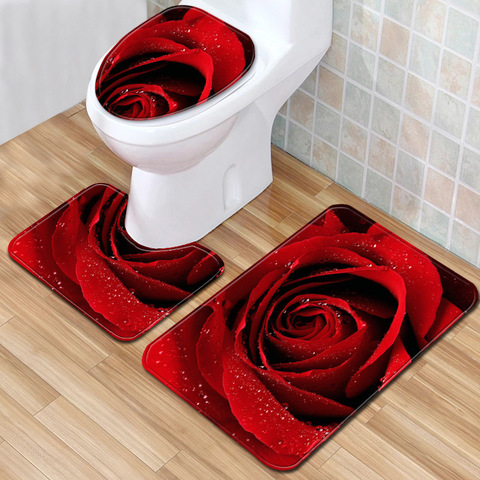 T Rose Bath Mats Valentine's Day 3 Piece Bathroom Set Rug Anti Slip Carpet for Home Decor Toilet Mat 3D Dropship Bathroom Rug ► Photo 1/6