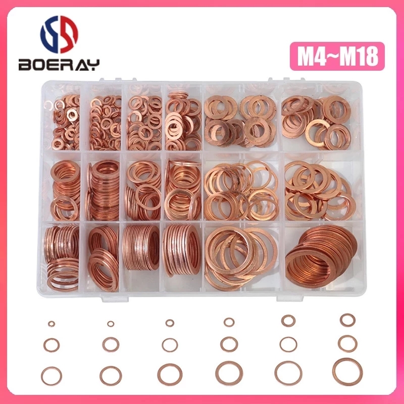 200Pcs Solid Copper Flat Round Spacer Washer Gasket Flat Ring Seal Assortment Kit M5 M6 M8 M10 M12 M14
