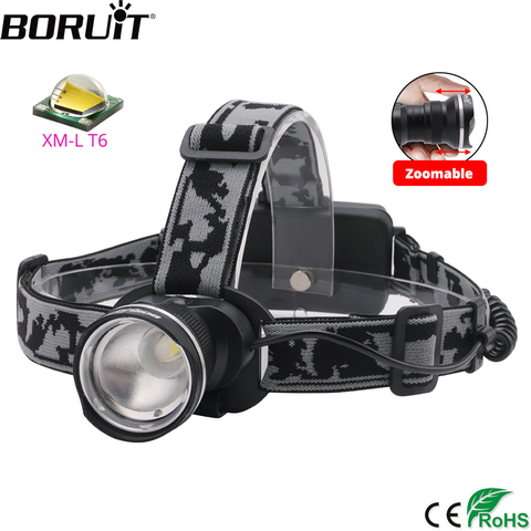 BORUiT RJ-2190 T6 LED Headlamp 3000LM 3-Mode Zoom Powerful Headlight Rechargeable 18650 Waterproof Head Torch Camping Hunting ► Photo 1/6