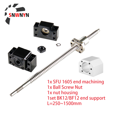 SFU1605 Set:SFU1605 -250~1500mm Rolled Ball Screw C7 With End Machined + 1605 Ball Nut +Nut Housing+BK/BF12 End Support For CNC ► Photo 1/6