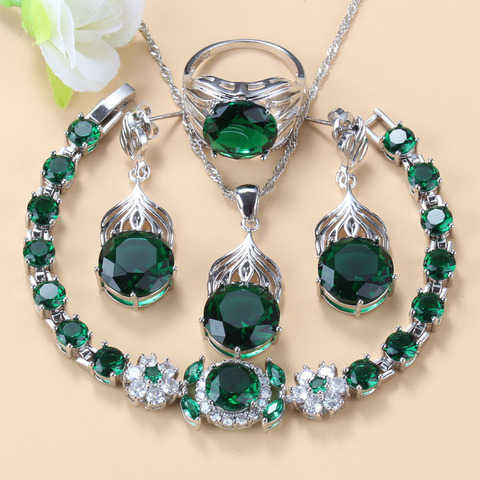 Silver 925 Necklace And StudEarrings Cubic Zirconi Green Jewelry Sets Round Wedding Women Costume 6-Colors Turkish Jewelry ► Photo 1/6