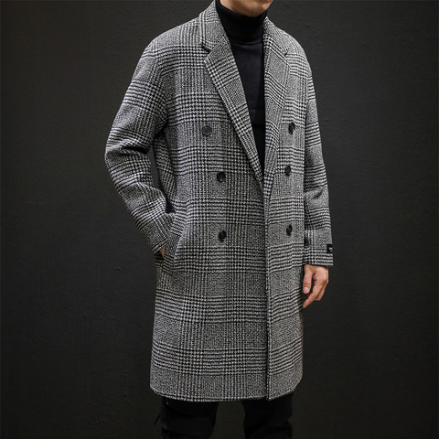 YASUGUOJI Casual Double Breasted Mens Wool Overcoat Winter 2022 Houndstooth Jacket Men Turn-down Collar Long Woollen Wind Coat ► Photo 1/6