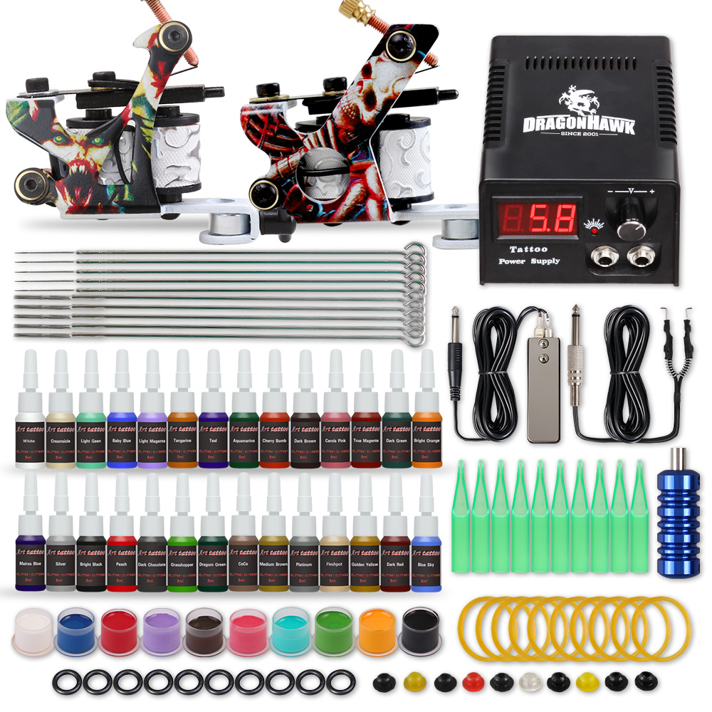 Complete Tattoo Machine Kit Set 2 Coils Guns 6 Colors Black Pigment Sets  Power Tattoo Beginner Grips Kits