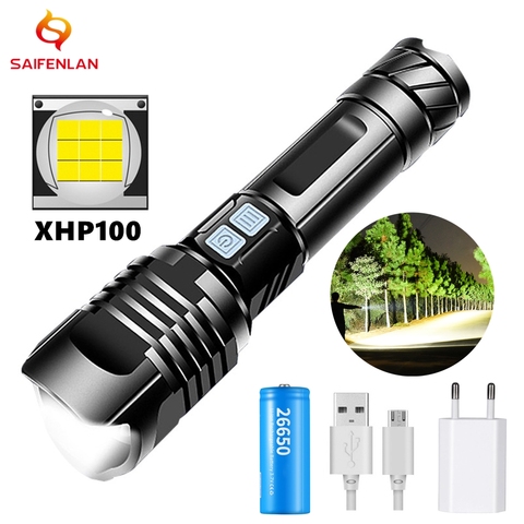 Most Bright XHP90 XHP100 LED Flashlight USB Rechargeable Zoom Torch Light 26650
