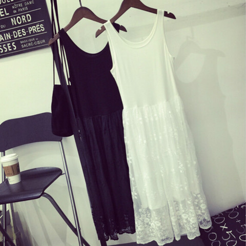 Spring Summer Sleeveless Dress Underwear Easy Match Lace Stitching Long Vest Loose Large Size Temperament Fashion Dress ► Photo 1/6