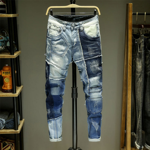 Men Jeans Splice Jean Homme Skinny Denim Ripped Spijkerbroeken Heren Biker Stretch Pants Slim Fit Trousers Warm Pantalon Luxe ► Photo 1/6
