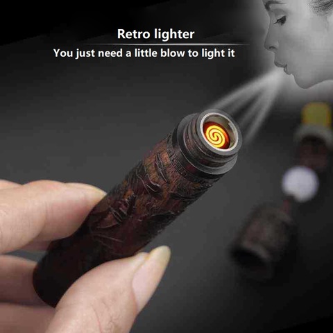 Air Blowing Electric Windproof Lighter Dropship Suppliers Engraving Sandalwood USB Lighter Gadgets For Men Chinese Retro Style ► Photo 1/6