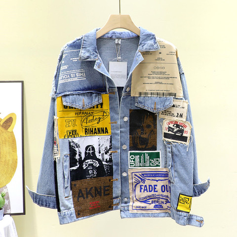 Spring Vintage Full Sleeve Asymmetric Appliques Newspaper Pattern Large Size Black Denim Jacket casual Jean Coat 2022 Autumn New ► Photo 1/6