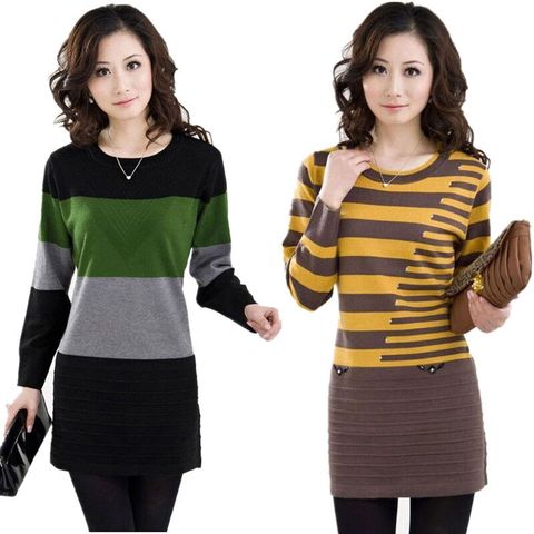 2022 Autumn Winter Women Knitting Sweater Fashion Stitching Striped O neck Pullover Long Sweaters Female Casual Bottoming shirt ► Photo 1/6