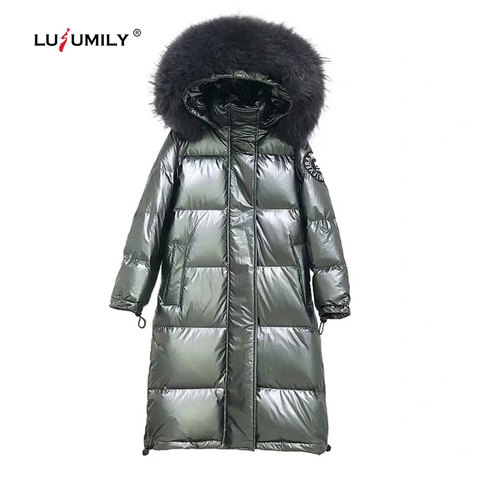 Lusumily Big Fur Collar 2022 Hooded Winter Women's Jacket And Coat Long White Duck Down Parkas Female Loose Thick Warm Outwear ► Photo 1/6