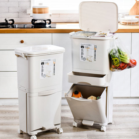 New 42L Kitchen Gargabe Can Wet Dry Trash Sorting Bin 3 Layers Recyclable Vertical Trash Cabinet Household Waste Bin With Wheels ► Photo 1/6