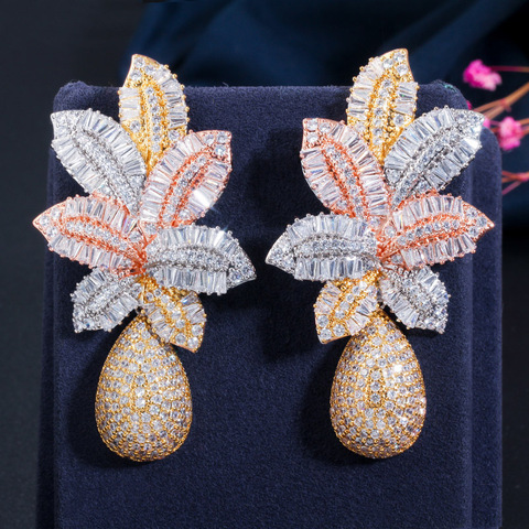 CWWZircons 3 Tone Gold Luxury Large Leaf Drop Flower Micro Cubic Zirconia Paved Naija Wedding Party Earring for Women CZ644 ► Photo 1/6