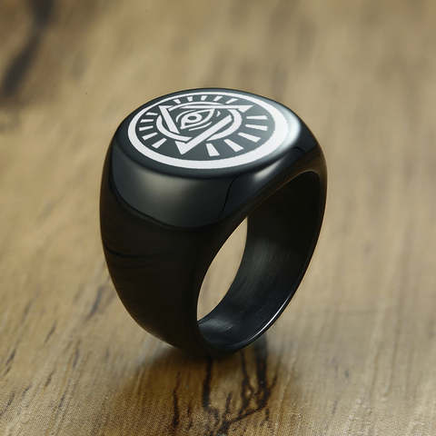 GODS EYE SIGNET RING FOR MEN STAINLESS STEEL BLACK EGYPTIAN EYE OF GOD HORUS UDJAT ILLUMINATI TRIQUETRA RING ► Photo 1/6