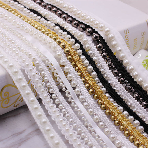 1Yards Vintage Pearl Beaded Lace Trim Tape Lace Ribbon African Lace Fabric Collar Dress Sewing Garment Headdress Materials 7LS88 ► Photo 1/6