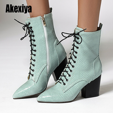 New Punk Women Ankle Boots Lace Up Pointed Toe high heel Black blue Boots Pumps 7.5CM Side zipper women's boots u230 ► Photo 1/6