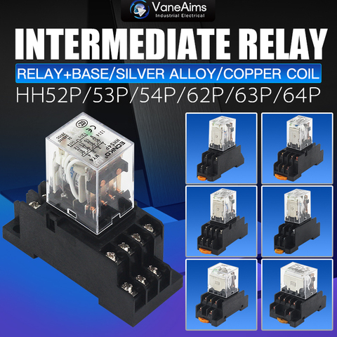 Electromagnetic Coil General DPDT Power Relay 10A DPDT 8Pins HH62P HH63P HH64P DC12V 24V AC220V Miniature Relay&Base big power ► Photo 1/5