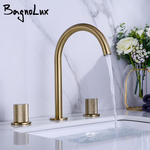 Brushed Gold Brass Deck Mounted Dual Holder Three-hole Mixed cold and hot water Basin Mixer Water Bathroom Sink Faucet ► Photo 1/6