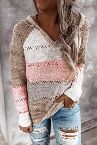 New Fall Winter Patchwork Hooded Sweaters for Women Long Sleeve V-Neck Slim Pullover Tops Jumper Plus Size Female Knit Sweaters ► Photo 1/6