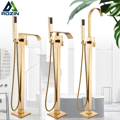 Rozin Golden Bathtub Shower Faucet Floor Mounted Bathroom Shower Mixer Tap Free Standing Waterfall Robinet de baignoire ► Photo 1/6