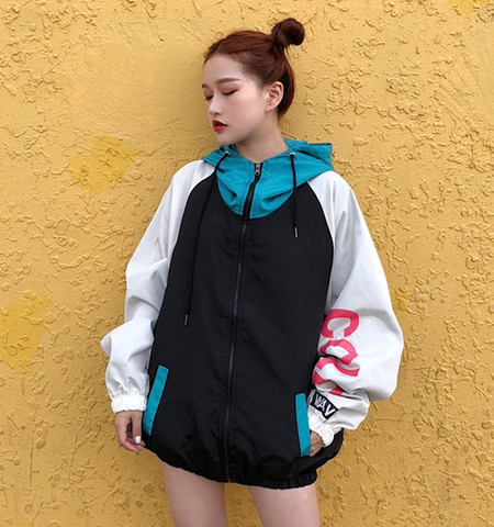 Women Basic Jackets Female Zipper Pockets Casual Long Sleeves Coats Autumn Hooded Jacket Two Tone Windbreaker Jacket ► Photo 1/5