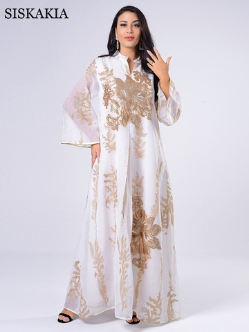 Siskakia Sequins Embroidered Abaya Dress For Women Moroccan Kaftan Turkey Arabic Jalabiya White Islamic Ethnic Robe 2022 Eid New ► Photo 1/6