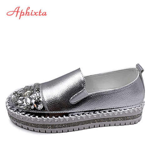 Aphixta Crystals Round Toe Leather Flats Shoes Women Silver Bling Loafers Couple Platform Shoes Woman Flat With Students Size 43 ► Photo 1/6
