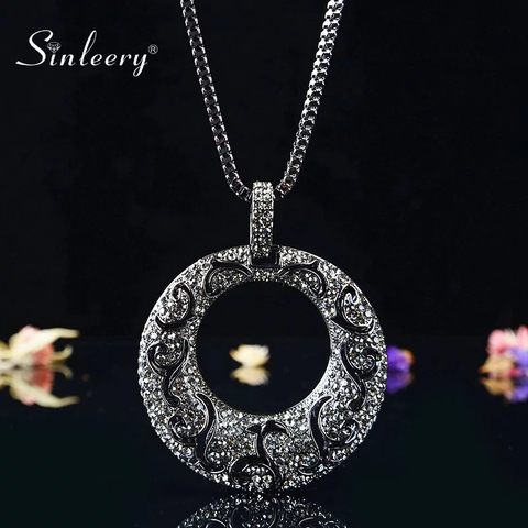 SINLEERY Vintage Big Hollow Pattern Round Pendant Necklace Black Color Long Chain For Women Statement Necklace Jewelry MY097 SSI ► Photo 1/6