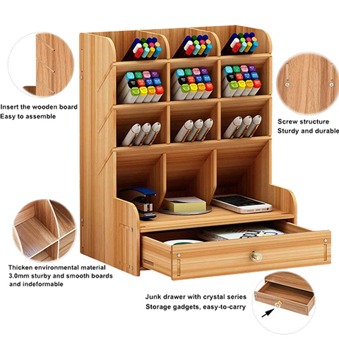 Wood Home Office Supplies Desk Organiser Desktop Shelf Storage