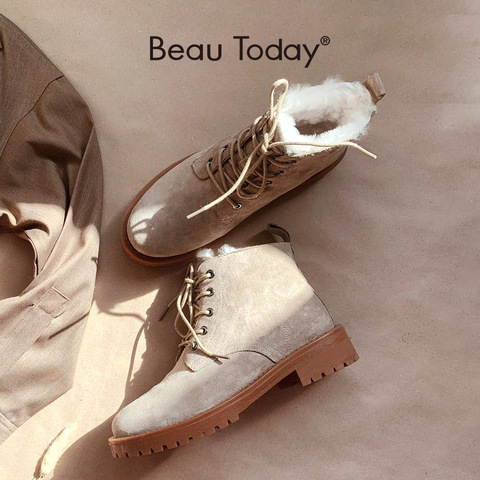 BeauToday Wool Snow Boots Women Genuine Leather Round Toe Lace-Up Platform Winter Ladies Ankle Length Shoes Handmade 03281 ► Photo 1/6