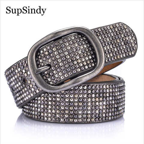 SupSindy woman leather belt geometric rivet pin buckle PU belts for women European fashion top quality leather strap for jeans ► Photo 1/6