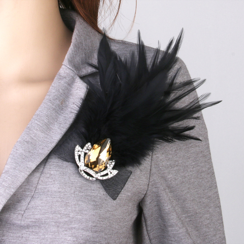 Fashion Jewelry Vintage Black Feather Crystal Crown Brooch Pin Party Fancy Costume Accessory ► Photo 1/6