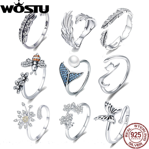 WOSTU NEW 925 Sterling Silver Vintage Style Leaves Clear CZ Adjustable Rings for Women Fashion S925 Silver Jewelry Gift DXR313 ► Photo 1/5