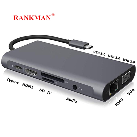 Rankman Type-C to RJ45 Gigabit Lan Ethernet HDMI VGA Adapter SD TF Card Reader USB-C USB 3.0 Audio for MacBook Samsung Huawei TV ► Photo 1/6