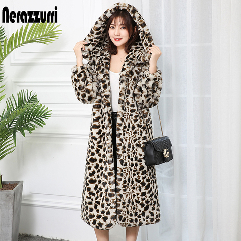 Nerazzurri High quality thick faux fur leopard jacket women with hood leopard print fluffy long fur coat plus size luxury coats ► Photo 1/6