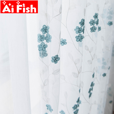 Pastoral Embroidered gauze for living room blue and coffee leaves flowers window treatments tulle for kitchen curtains M148-50 ► Photo 1/6