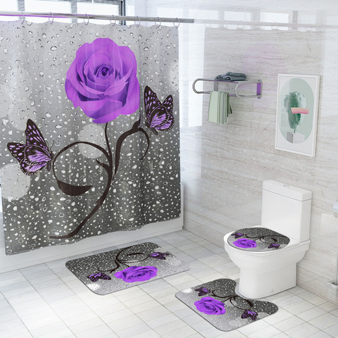 Floral Bath Mat and Shower Curtain Set Shower Curtain with Hooks Bath Rugs Anti Skid Bathroom Carpet Toilet Foot Pad Bath Mat ► Photo 1/6