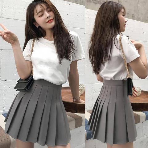 Casual Women Solid Color High Waist Flared Pleated A Line Mini Skater Skirt Solid Color A Line Pleated skirt ► Photo 1/1