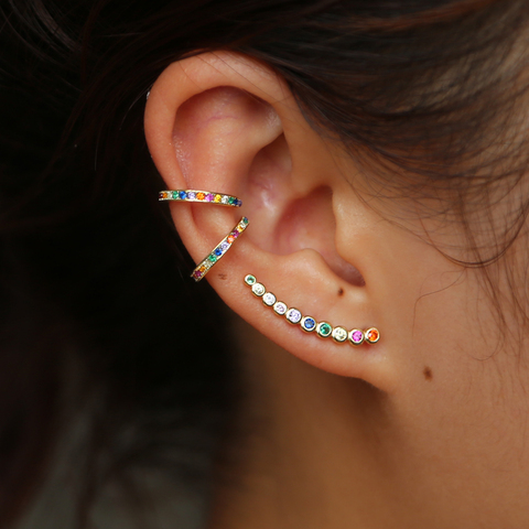 fine 925 sterling silver dainty earring minimal delicate design Gold color colorful rainbow cz women multi piercing earrings ► Photo 1/6