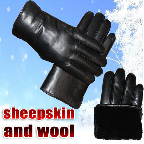 Leather gloves men's sheepskin wool winter thickening warm fur one real wool gloves split finger sheepskin gloves wind and cold ► Photo 1/6