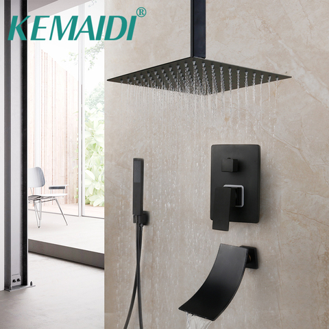 KEMAIDI Matte Black Bathroom Shower Faucet Rainfall Tub LED Bathtub Rain Square Shower Head Waterfall Shower Faucet Set ► Photo 1/6