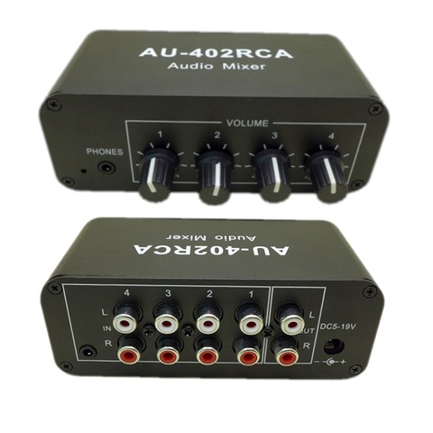 AU-402RCA 12V Stereo Audio Mixed Distributor Signal Selector switcher 4 Input 2 output RCA Volume Controls Headphones Amplifier ► Photo 1/5