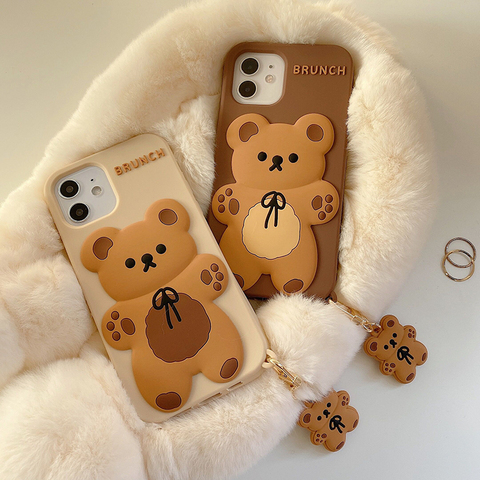 Cartoon Cute 3D Bear + Doll Pendant High Quality Silicone Cover for Iphone 12Mini 11Pro MAX XS XR 7 8plus SE2022 Phone Case ► Photo 1/6