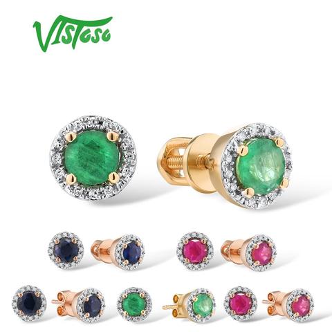 VISTOSO Gold Earrings For Women Genuine 14K 585 Yellow Rose Gold Round Emerald Blue Sapphire Ruby Stud Earrings Fine Jewelry ► Photo 1/6