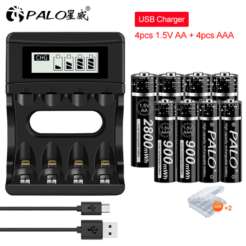 PALO 4PCS 1.5V AA 2800mWh Li-ion Rechargeable Batteries+4pcs 1.5v AAA 900mWh Li-ion Rechargeable Batteries with LCD Smart Charge ► Photo 1/6
