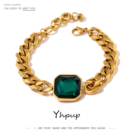 Yhpup Green Crystal Stainless Steel Gold Bracelets Bangle for Women Hip Hop Thick Chain18 K Plated Punk Fashion Bracelets New ► Photo 1/6