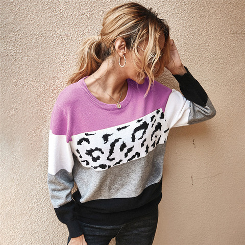 Autumn Winter Women's Sweaters O-Neck Loose Knitted Jumpers Long Sleeves Leopard Splice Sweater Oversize Ladies Pullover Tops ► Photo 1/6