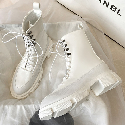 Real Leather studs lace up riding boots women shoes muffins chunky heels short botas patchwork rubber platform boots star style ► Photo 1/6