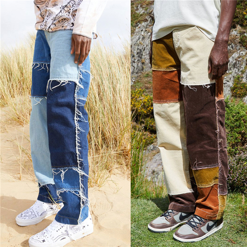 2022 Spring New Fashion Men's Straight Leg Jeans Frayed Patchwork Color Block Relaxed Fit Denim Pants Stylish Fit Long Trousers ► Photo 1/6