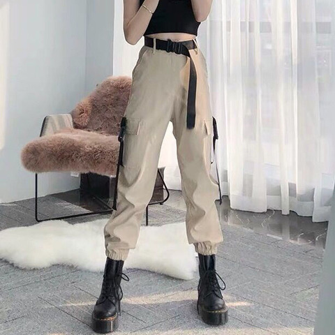 EACHIN Fashion Women Self Belted Elastic Waist Cargo Pants Female Loose Streetwear Pants Casual Plus Size Korean Style Trousers ► Photo 1/6