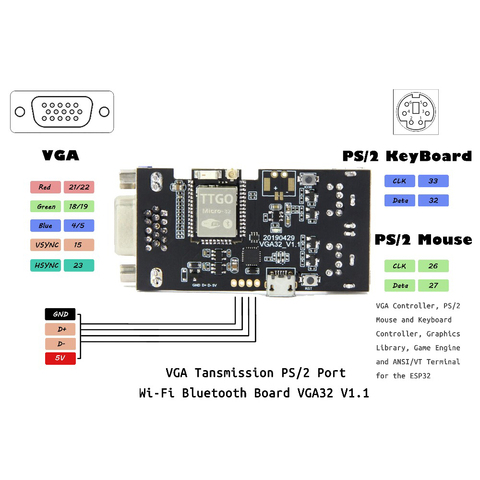 TTGO VGA32-V1.4 controller PS/2 mouse and keyboard controller graphics library game engine / VT terminal  For The ESP32 ► Photo 1/6